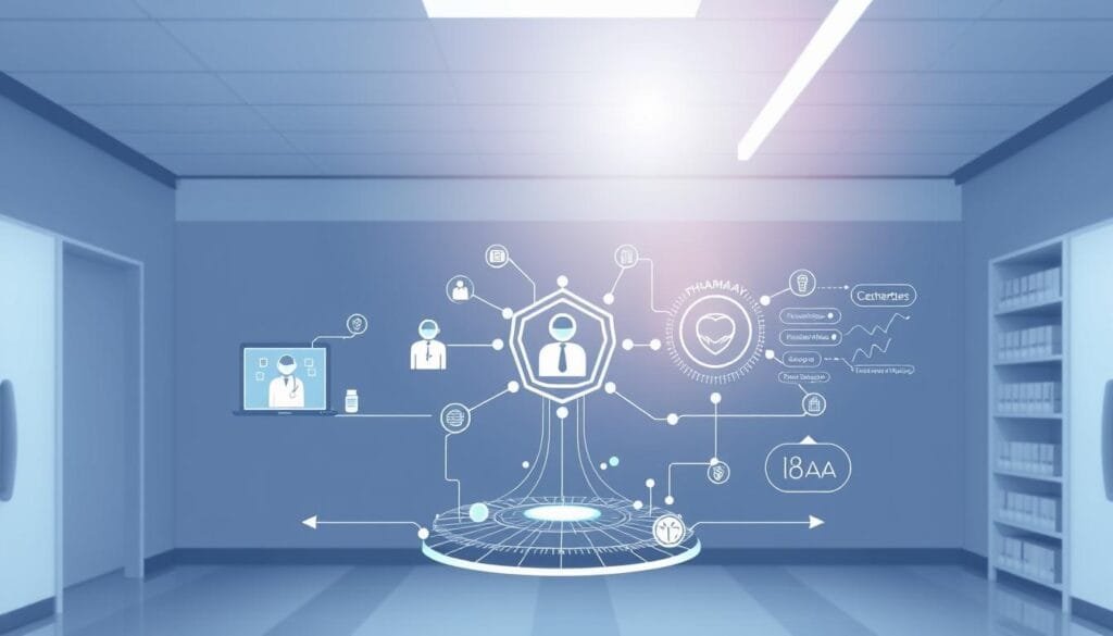 A clean, modern medical illustration depicting the inner workings of a digital healthcare platform like Pharma Pal AI. The foreground showcases an intuitive user interface with virtual consultations, prescription ordering, and medication tracking. The middle ground features a secure data network transmitting real-time health information between patients, pharmacists, and doctors. In the background, a stylized visualization of AI-powered analytics and personalized treatment recommendations. Bright, natural lighting illuminates the scene, conveying a sense of trust and reliability. The overall mood is one of streamlined efficiency and seamless integration of technology into the healthcare experience.