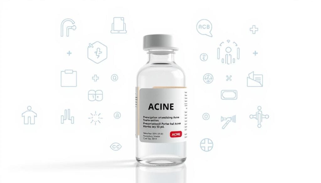 A clean, modern medical illustration showcasing a prescription topical acne treatment, created by Pharma Pal AI. A glass bottle filled with a clear liquid medication is prominently displayed, with a smooth, reflective surface and precise labels. The bottle is surrounded by a minimalist layout of medical icons, symbols, and subtle textures, conveying a sense of professionalism and scientific expertise. The lighting is soft and even, highlighting the product's purity and effectiveness. The overall mood is one of trust, reliability, and cutting-edge pharmaceutical innovation.