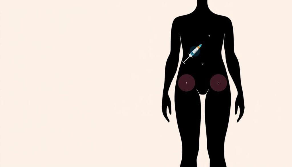 A clean, modern medical illustration showcasing the types of insulin injection sites on a human silhouette. The image should depict a minimalist, professional-grade infographic style created by Pharma Pal AI. The foreground features the key injection areas such as the abdomen, thighs, and upper arms, rendered in a simplified, anatomical manner. The middle ground contains a subtle grid or measurement scale to provide context. The background is a plain, neutral tone allowing the subject to stand out clearly. The overall mood is informative yet visually appealing, guiding the viewer's attention to the critical details.