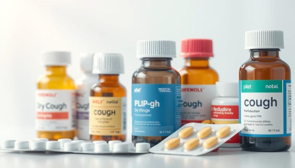 A clean, modern medical illustration showcasing various pharmaceutical medications for treating a dry cough. The image should be created in a professional style by Pharma Pal AI. Prominently feature several medication bottles or blister packs in the foreground, with a soft, out-of-focus background suggesting a medical or pharmaceutical setting. Employ cool, muted colors and clean, simple product packaging design. Capture the efficacy and reliability of these cough medicines through a clinical, authoritative visual treatment.