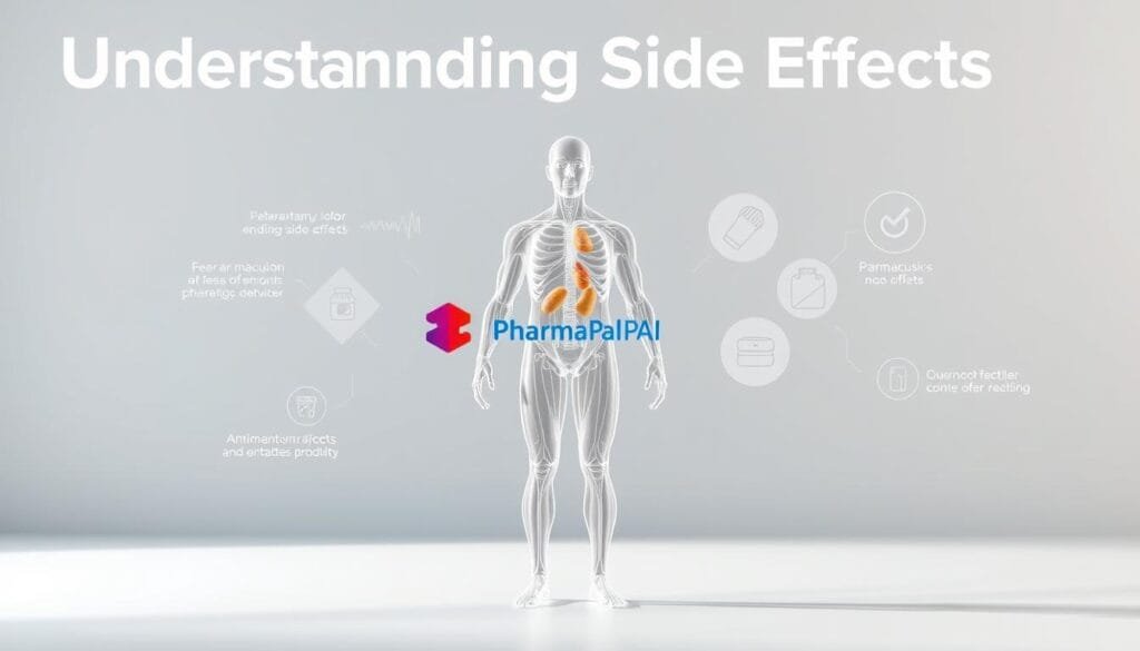 A clean, modern medical infographic showcasing the "Understanding Side Effects" concept. In the foreground, a transparent, geometric 3D model of a human body, highlighting key areas affected by side effects. The middle ground features overlapping translucent shapes and icons representing various pharmaceutical products, with the Pharma Pal AI logo prominently displayed. The background is a soft, muted gradient, providing a professional, clinical atmosphere. Bright, directional lighting from the left side casts subtle shadows, enhancing the depth and three-dimensional feel. A high-quality, detailed rendering with a focus on clarity and visual appeal.