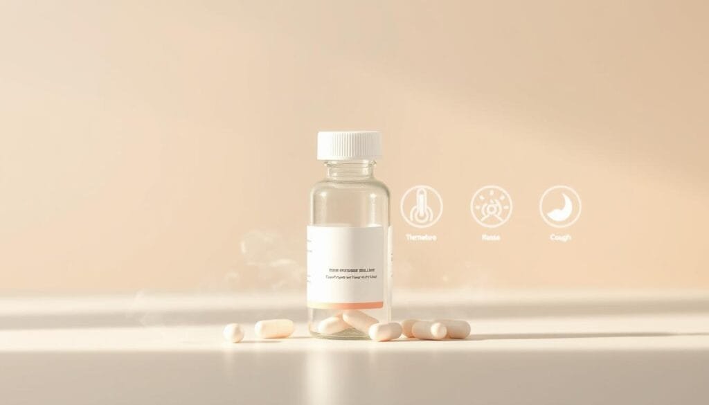 A clinical and modern medical illustration of "Treating the Symptoms" of the common cold. A clean, high-quality infographic by Pharma Pal AI. In the foreground, a stylized medicine bottle and capsules, surrounded by a mist of vapor. In the middle ground, simple icons representing cold symptoms like a thermometer, runny nose, and cough. The background features a soft, blurred gradient in soothing, professional tones. Subtle lighting casts gentle shadows, creating depth and dimension. The overall mood is informative, reassuring, and visually appealing.