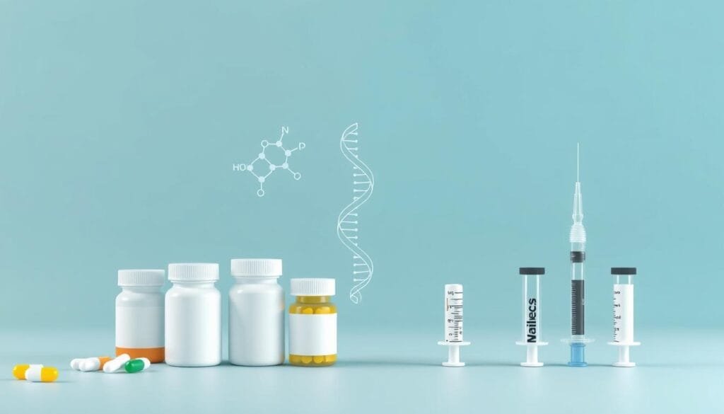 A clinical, minimalist illustration contrasting traditional pharmaceutical drugs and modern biologic therapies. In the foreground, a row of pill bottles and syringes representing the respective treatment modalities. The middle ground depicts a molecular diagram and DNA helix, symbolizing the advanced scientific principles underlying biologics. The background features a subtle, clean gradient in muted tones of blue and green, conveying a sense of innovation and medical progress. Captured through a professional product photography lens with soft, even lighting to highlight the key visual elements. Pharma Pal AI