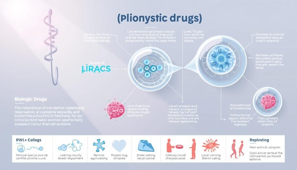 A clinical, modern medical illustration of "الأدوية الحيوية" (biologic drugs) using the Pharma Pal AI style. A clean, high-quality infographic-style image showcasing the key mechanisms of action for biologic medications, with a focus on their revolutionary impact in treating chronic diseases. Crisp lighting, a neutral color palette, and carefully composed layers depicting the drug structure, cellular interactions, and therapeutic outcomes. Convey the scientific sophistication and therapeutic potential of these innovative treatments.