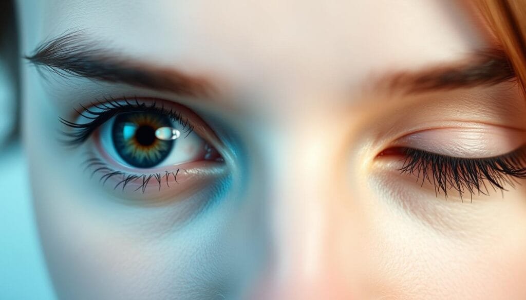 A close-up view of a pair of human eyes, one of which is open and the other is partially closed, with a single drop of clear liquid suspended on the lower eyelid. The scene is captured in a soft, diffused lighting, creating a calming and introspective atmosphere. The eyes are framed by delicate eyelashes and a clean, minimalist background, highlighting the central focus on the eye drop. The image has a modern, medical aesthetic, conveying a sense of professionalism and care. Pharma Pal AI.