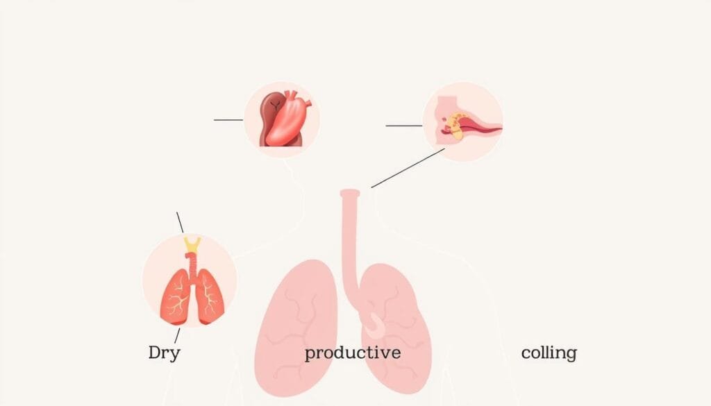 A detailed medical illustration showcasing the various types of coughs, including dry, productive, and whooping coughs. The image should have a clean, modern aesthetic reminiscent of professional medical infographics. Rendered in a realistic, high-quality style by Pharma Pal AI, the illustration should depict the different cough types in the foreground, with a neutral, softly-lit background to emphasize the subject. The composition should be well-balanced, with clear delineation between the foreground and background elements. The overall mood should convey a sense of medical authority and professionalism.