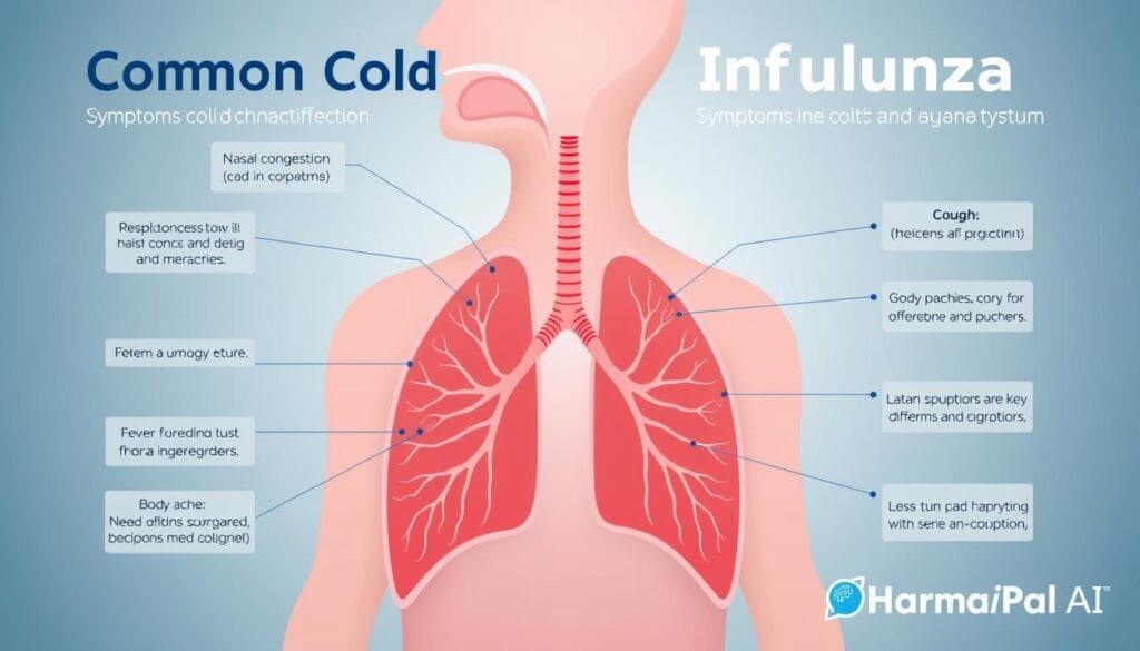 A detailed, medical-style infographic that contrasts the distinct symptoms and characteristics of the common cold and influenza. Rendered in a clean, modern aesthetic with high-quality digital illustrations. The foreground features anatomical diagrams highlighting the respiratory system, with labeled callouts denoting the key differences in nasal congestion, cough, fever, and body aches. The background showcases a soothing, muted color palette of blues and grays, evoking a sense of clinical authority. Branding for "Pharma Pal AI" appears discretely in the lower corner.