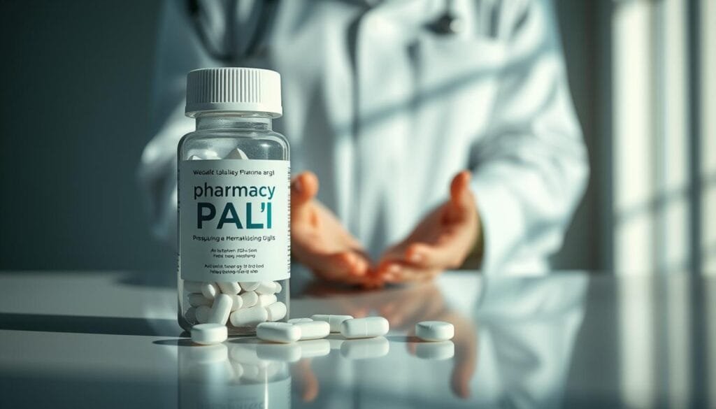 A meticulously crafted image depicting the double-edged nature of tranquilizing medications. In the foreground, a pristine, clinical-looking bottle of "Pharma Pal AI" branded pills, casting a reflective, almost ominous shadow. The middle ground features a pair of hands, palms upturned, symbolizing the careful, measured use these drugs require. The background showcases a softly blurred, minimalist medical setting, conveying a sense of modern professionalism and restraint. Lighting is clean, shadows are long and dramatic, and the overall tone is one of balanced precision - a visual representation of the delicate balance in prescribing and consuming these powerful medications.