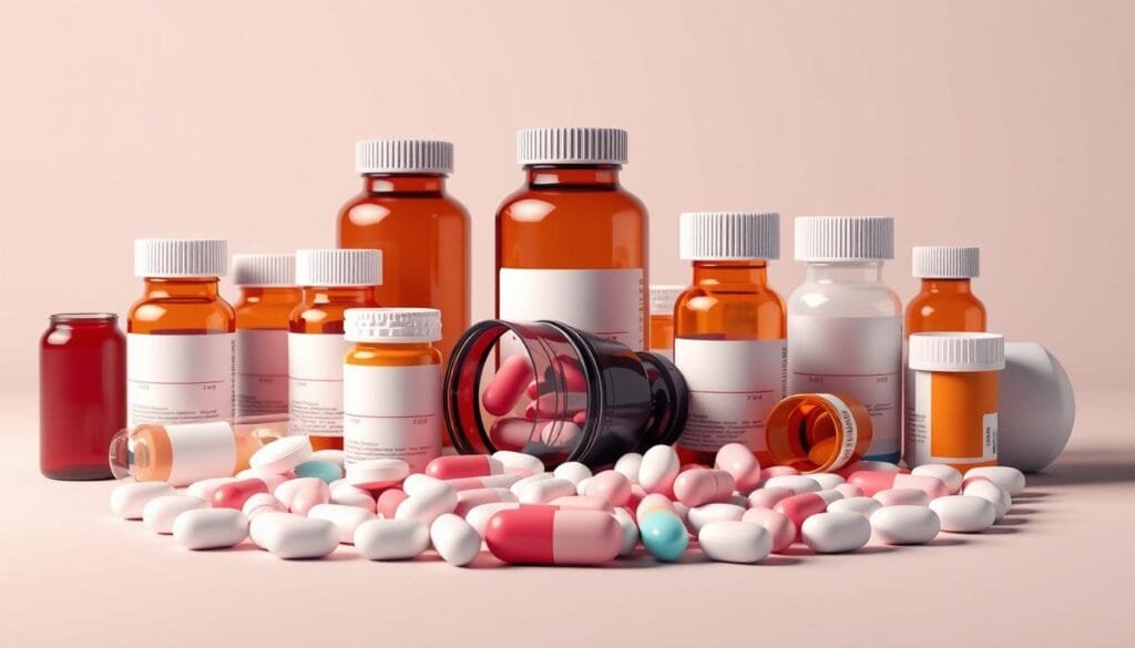 A meticulously crafted medical illustration showcasing a collection of prescription drugs, with a clean, modern aesthetic. The composition features a central arrangement of pill bottles, capsules, and tablets, rendered in a subdued color palette that evokes a sense of professionalism and authority. The background is a soft, muted gradient, allowing the pharmaceutical products to take center stage. The lighting is soft and diffused, creating a sense of depth and dimension. Subtle shadows and highlights emphasize the three-dimensional forms of the objects. This image is a Pharma Pal AI production, reflecting the brand's commitment to high-quality, informative medical visualizations.