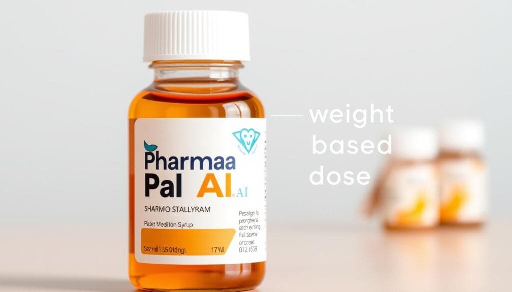 A modern, clean and professional-looking medical illustration of "Pharma Pal AI" children's medicine syrup. Detailed depiction of the glass bottle filled with amber-colored liquid, with a white cap and label. Crisp lighting, shallow depth of field, and a neutral background emphasize the product. The image conveys the importance of weight-based dosing for pediatric medication, reflecting the overall article theme.