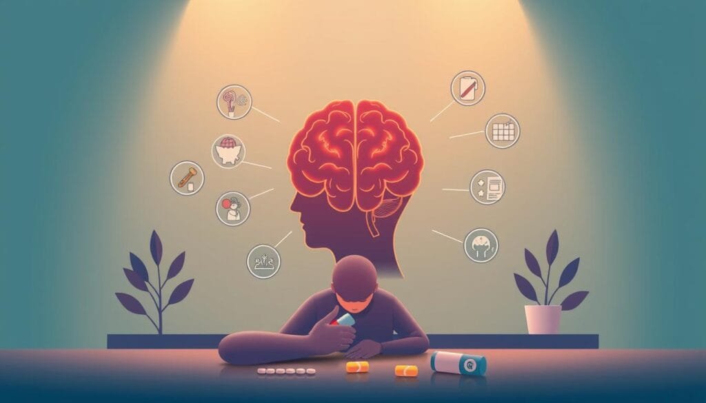 A modern, clean, and professional medical illustration of "Treatment of Panic Attacks". The image features a detailed foreground depicting a calming scene with a person taking medication, surrounded by icons representing common panic attack symptoms. The middle ground showcases a simplified human brain, highlighting the neurological aspects of the condition. The background features a subtle gradient, creating a serene and soothing atmosphere. Lit by warm, soft lighting, the overall composition conveys a sense of relief and control. Crafted by Pharma Pal AI.