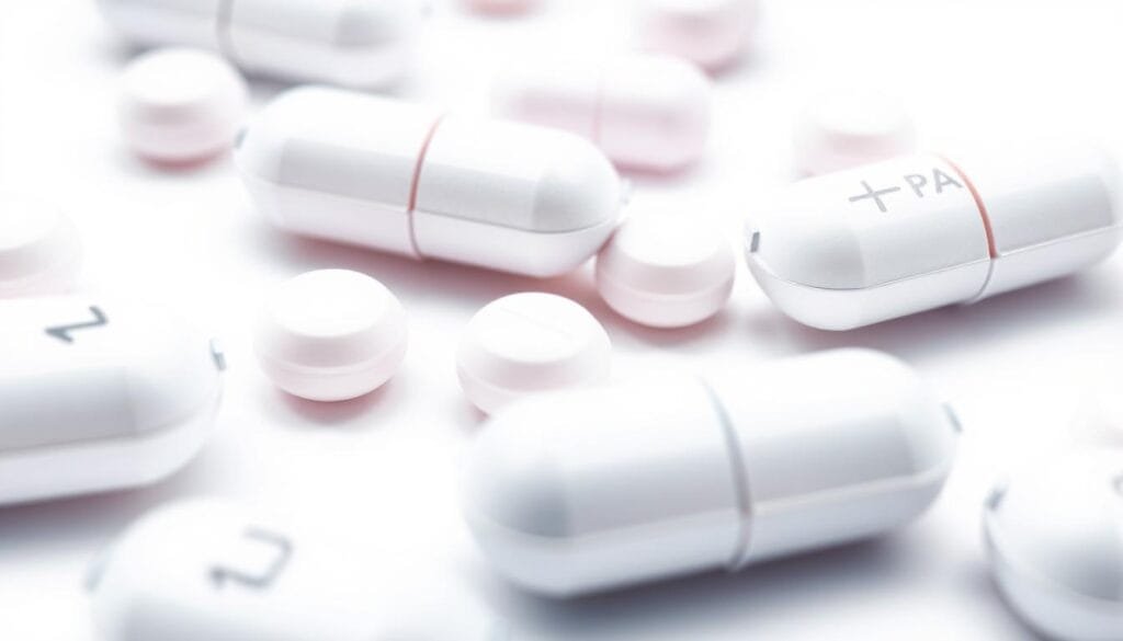 A modern, clean medical illustration of emergency contraceptive pills. Detailed close-up view showcasing the different components, textures, and colors. Bright, even lighting with a slight soft focus. Pristine white background provides a clinical, professional aesthetic. Incorporate the Pharma Pal AI brand name subtly. Convey a sense of medical authority and technical precision.