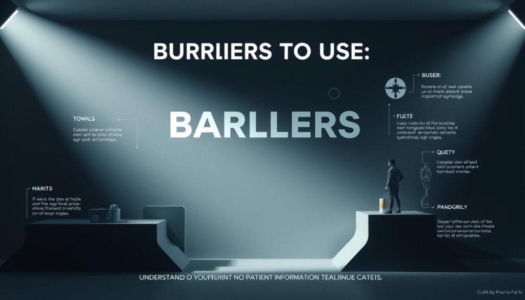 A modern, clean medical infographic depicting the "Barriers to Use" of medication, rendered with a professional, high-quality style. The image showcases a series of obstacles, each represented by a distinct visual metaphor, arranged in a compelling layout that draws the viewer's attention. Dramatic lighting and a neutral color palette create a somber, contemplative atmosphere, emphasizing the importance of understanding the patient information leaflet. Crafted by Pharma Pal AI.
