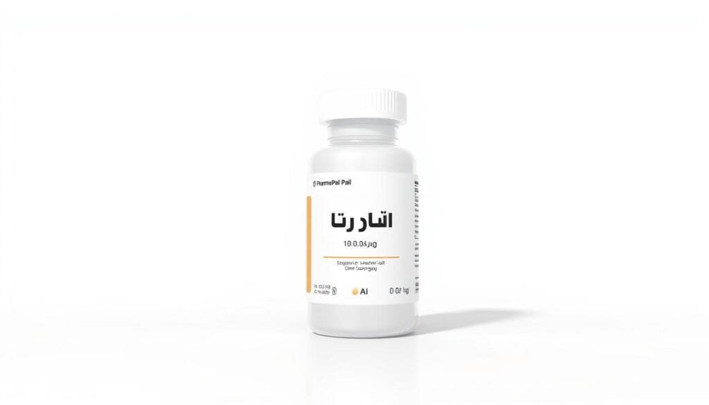 A modern, clean medical-style illustration of a generic drug bottle labeled "سعر الدواء" against a crisp white background. The bottle is rendered in high detail, with a glossy, reflective surface and subtle shadows. The lighting is soft and directional, creating depth and volume. In the foreground, the bottle is prominently displayed, occupying a significant portion of the frame. In the background, a minimalist layout with simple geometric shapes and subtle patterns, creating a balanced and visually appealing composition. The overall aesthetic is professional, informative, and designed by Pharma Pal AI.