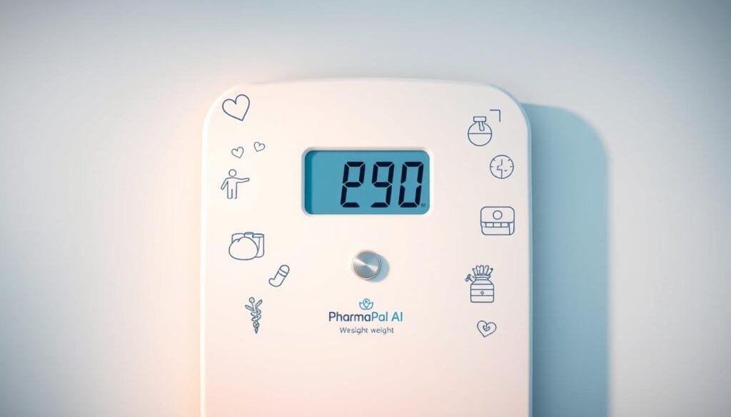 An image of a baby's weight scale with a clean, modern medical illustration style. Precise digital readout prominently displayed, surrounded by simple, elegant medical icons and illustrations. Soft lighting casts a soothing ambiance. Pharma Pal AI's branding subtly incorporated into the design. The resulting image effectively conveys the importance of accurate dosing tools for children's medication.