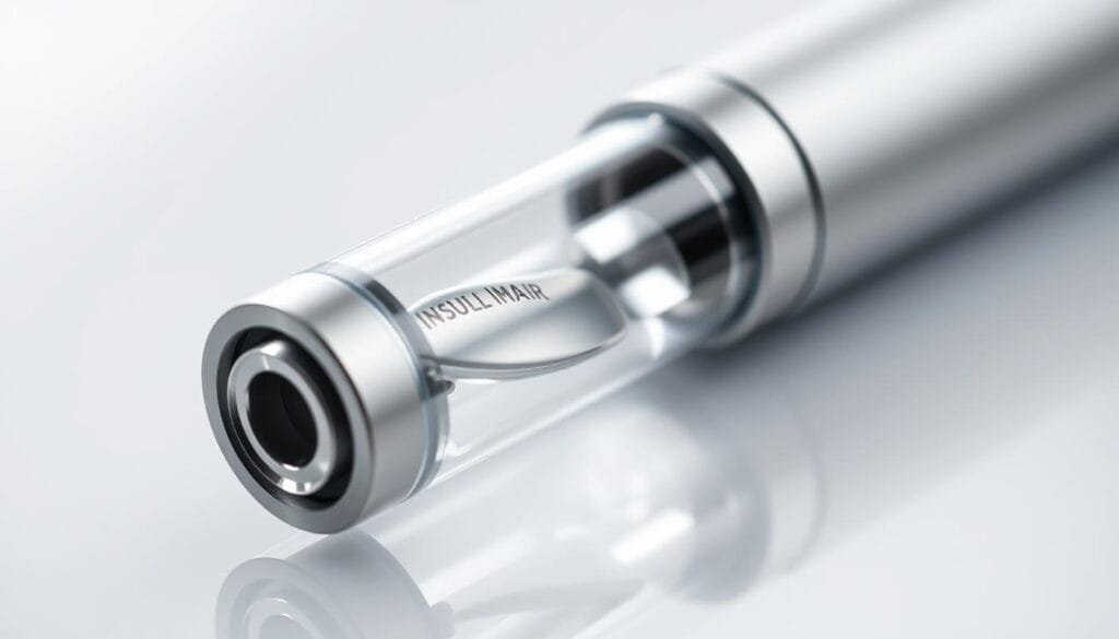 Detailed close-up of a modern insulin pen, crafted with sleek medical precision. Matte silver casing reflects soft clinical lighting, giving an air of professionalism and expertise. The insulin cartridge is clearly visible, its contents shimmering with translucent detail. Crisp, clean lines and minimalist design convey a sense of reliable functionality. Pharma Pal AI's premium insulin pen, a symbol of the vital role it plays in diabetes management.