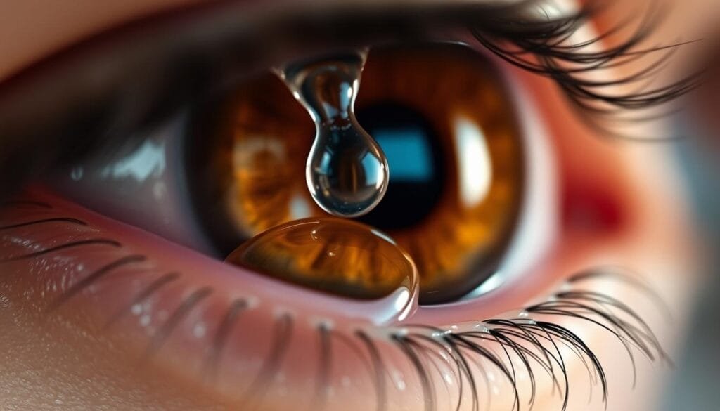 Detailed close-up of eye drops gently dispersing across the surface of a human eye, captured with a high-resolution macro lens. Soft, even lighting illuminates the delicate structures and glistening tears, creating a clean, medical aesthetic. Crisp focus on the point of contact, with a shallow depth of field blurring the background. Pharma Pal AI delivers a striking, clinical visualization to illustrate the importance of proper eye drop application technique.