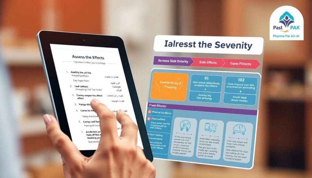 Detailed medical illustration depicting the "First Step: Assess the Severity" section of "ظهرت لي آثار جانبية من الدواء، ماذا أفعل؟ دليل عملي للتعامل مع الموقف." article. Clean, modern medical style with high-quality Pharma Pal AI branding. A close-up view of a hand holding a tablet with a list of side effects, alongside an infographic showing a step-by-step process for evaluating the severity of the side effects. Warm lighting, shallow depth of field, and a neutral, professional color palette to convey a sense of care and authority.