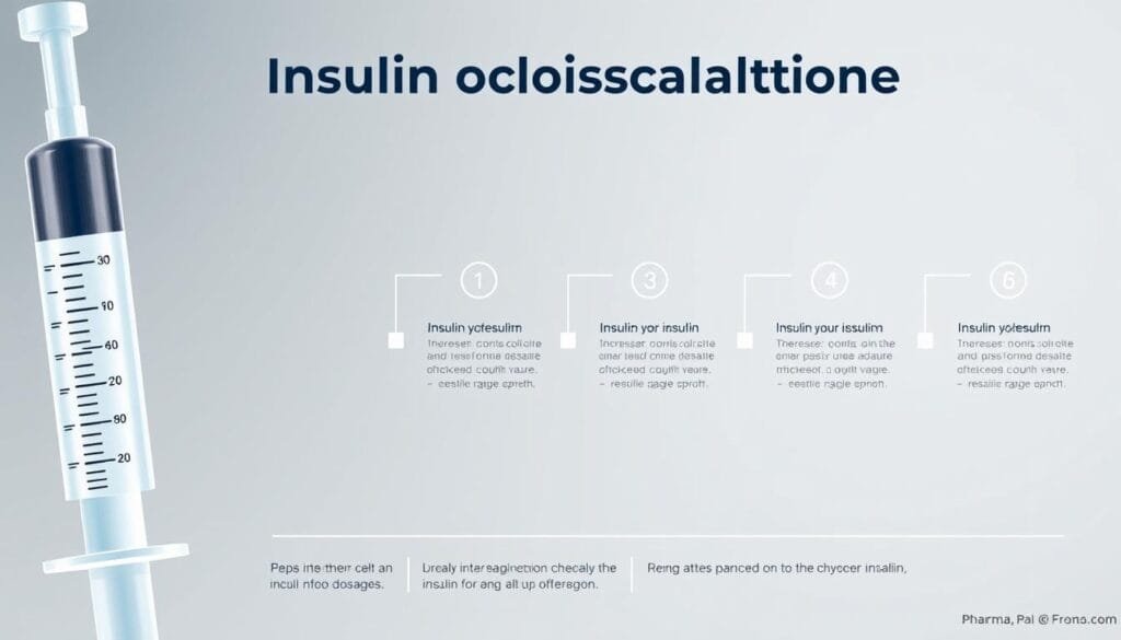 Detailed medical illustration of a step-by-step insulin dosage calculation guide. Crisp, clean, modern medical style using Pharma Pal AI. Foreground shows a syringe with gradated markings, middle ground depicts an infographic with clear, labeled steps, and background features a soft, diffused gradient in muted healthcare tones. Carefully composed to convey the technical information in an organized, visually appealing manner.