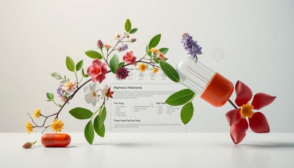 Pharma Pal AI: A striking infographic depicting the dynamic interplay between medicinal herbs and pharmaceutical drugs. In the foreground, vibrant botanical elements gracefully intertwine with sleek, geometric capsule forms, symbolizing the potent synergies and potential risks of their interactions. The middle ground features a clean, minimalist layout highlighting key information, while the background showcases a soft, muted color palette, lending a sense of authority and professionalism. Crisp lighting and a subtle depth of field emphasize the harmonious coexistence and cautionary tale of "Common and Dangerous Interactions" between natural and synthetic remedies.