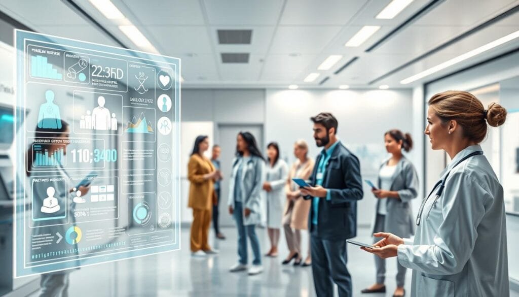 Photorealistic illustration of digital healthcare, featuring a clean and modern medical aesthetic. In the foreground, a holographic interface displays various health data and insights, conveying the seamless integration of technology into patient care. The middle ground showcases a diverse group of patients, each interacting with a Pharma Pal AI-powered virtual assistant, receiving personalized guidance and support. The background depicts a futuristic medical facility, with sleek equipment and a calming, minimalist design. Lighting is soft and diffuse, creating a serene, trustworthy atmosphere. The overall composition emphasizes the harmony between advanced technology and personalized, patient-centric healthcare.