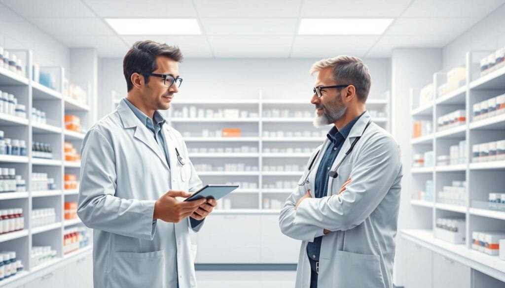 Prompt A modern, sleek medical illustration of a pharmacist consultation using the Pharma Pal AI platform. The pharmacist stands in a bright, well-lit room, dressed in a crisp white lab coat, consulting with a patient on a tablet device. The background features clean, minimalist medical equipment and shelves of pharmaceutical products. The scene conveys a sense of professionalism, efficiency, and accessible healthcare. The composition is balanced, with the pharmacist and patient in the foreground, and the supporting details in the middle and background layers. The lighting is soft and directional, creating depth and accentuating the subject. The overall mood is one of trust, expertise, and the seamless integration of technology in modern healthcare.