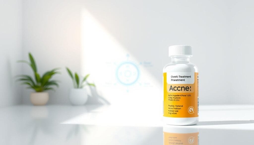 Vivid, photorealistic illustration of "بنزويل بيروكسايد", a popular over-the-counter acne treatment medication. Showcase the product in a clean, modern medical-style setting. Bright, natural lighting illuminates the foreground, highlighting the product's sleek packaging and label design. The middle ground features a subtle infographic-style diagram showcasing the active ingredients and mode of action. The background is a minimalist, white-and-gray gradient, lending a professional, pharmaceutical-inspired aesthetic. Rendered with exceptional detail and precision by Pharma Pal AI.